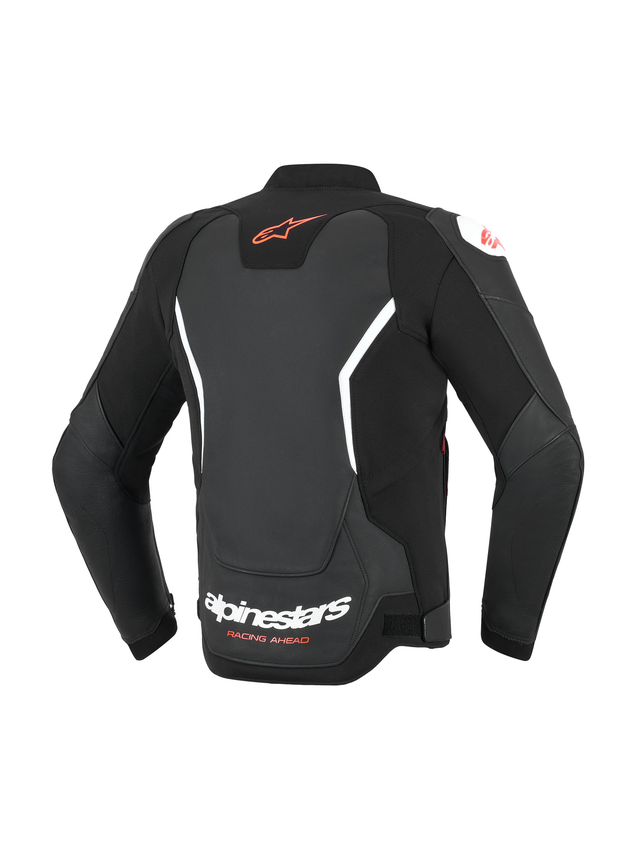 Alpinestars GP Force V2 Leather Jacket, Black with white and red accents, rear view showing red Astar logo on upper back and white Alpinestars branding on lower back, sport-fit leather motorcycle jacket with accordion stretch panels.
