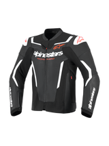 Alpinestars GP Force V2 Leather Jacket, Sport Motorcycle Jacket, Black and White, featuring bold white alpinestars branding on the chest and sleeves, red star logos, and external shoulder sliders, professional racing-inspired leather design.