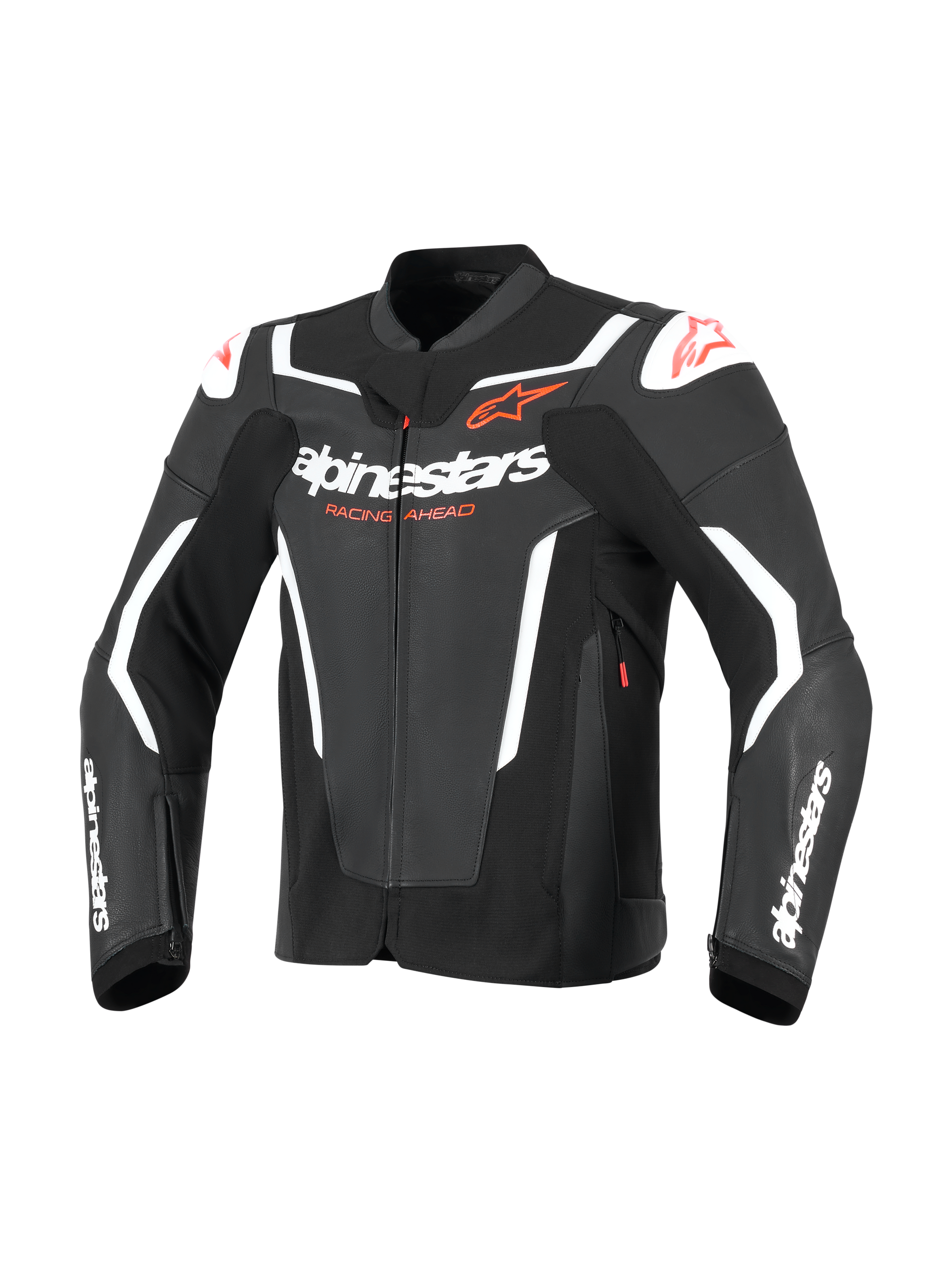 Alpinestars GP Force V2 Leather Jacket, Sport Motorcycle Jacket, Black and White, featuring bold white alpinestars branding on the chest and sleeves, red star logos, and external shoulder sliders, professional racing-inspired leather design.