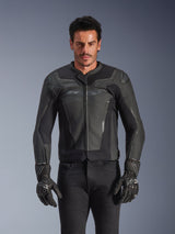 Alpinestars GP Force V2 Leather Jacket, Black and Dark Gray, motorcycle racing jacket, man wearing sleek fitted leather design with front zipper, paired with black textured gloves, modern protective gear, premium leather construction