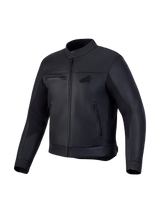 Alpinestars Maver-X Leather Jacket, men's urban motorcycle leather jacket, black, front studio view showing premium bovine leather construction and biker collar