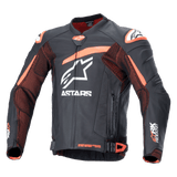 Alpinestars GP Plus R V4 Rideknit Leather Jacket, Black and Orange motorcycle racing jacket with white logos, perforated chest and arms, orange shoulder accents, zippered front with adjustable waist straps, durable sporty design