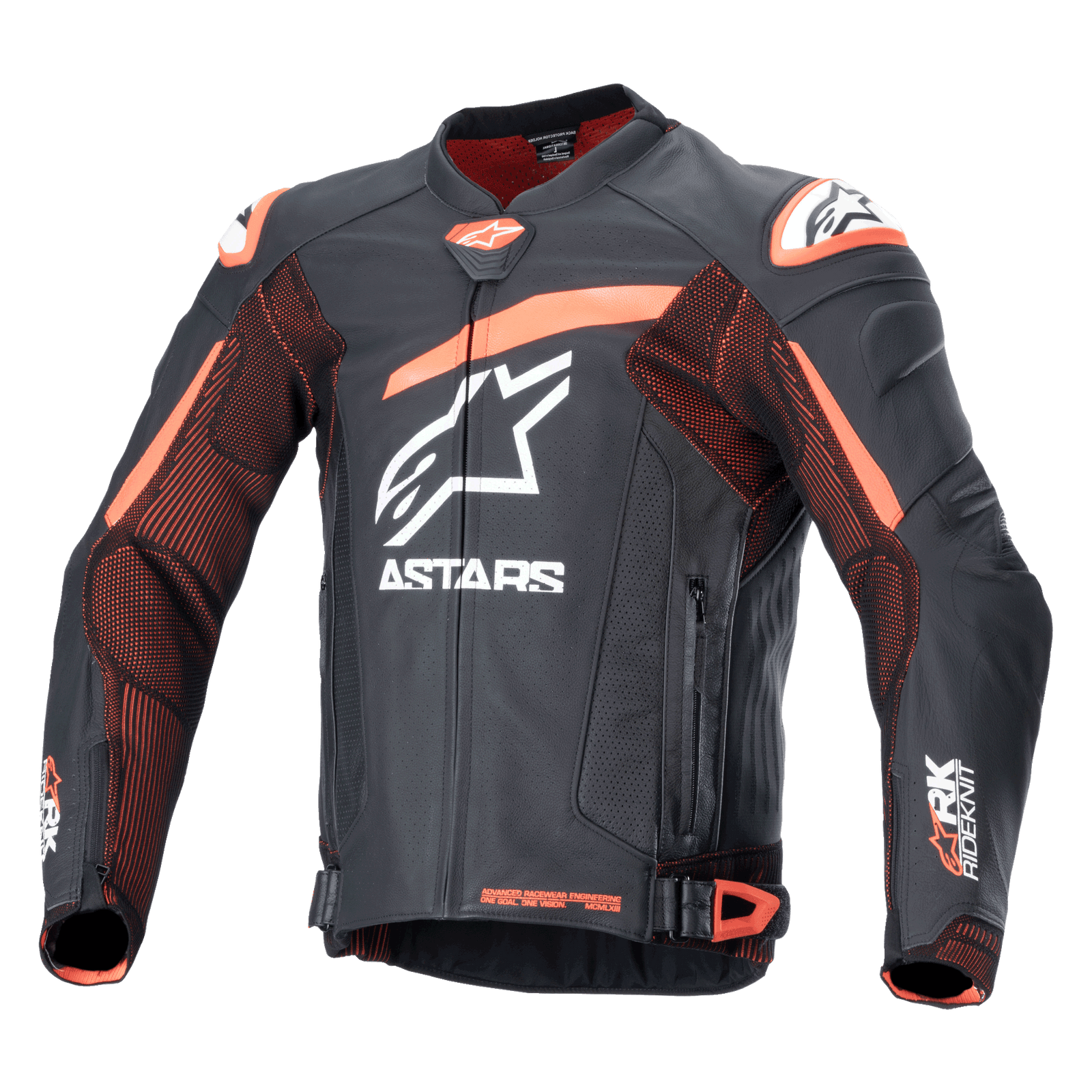 Alpinestars GP Plus R V4 Rideknit Leather Jacket, Black and Orange motorcycle racing jacket with white logos, perforated chest and arms, orange shoulder accents, zippered front with adjustable waist straps, durable sporty design