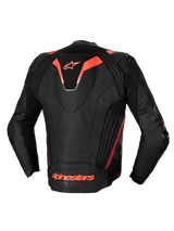 Alpinestars Missile V3 Ignition Leather Jacket, Men's Racing Motorcycle Jacket, Black and Red Fluo, CE Certified, premium bovine leather with sport aero-hump and stretch panels, rear view