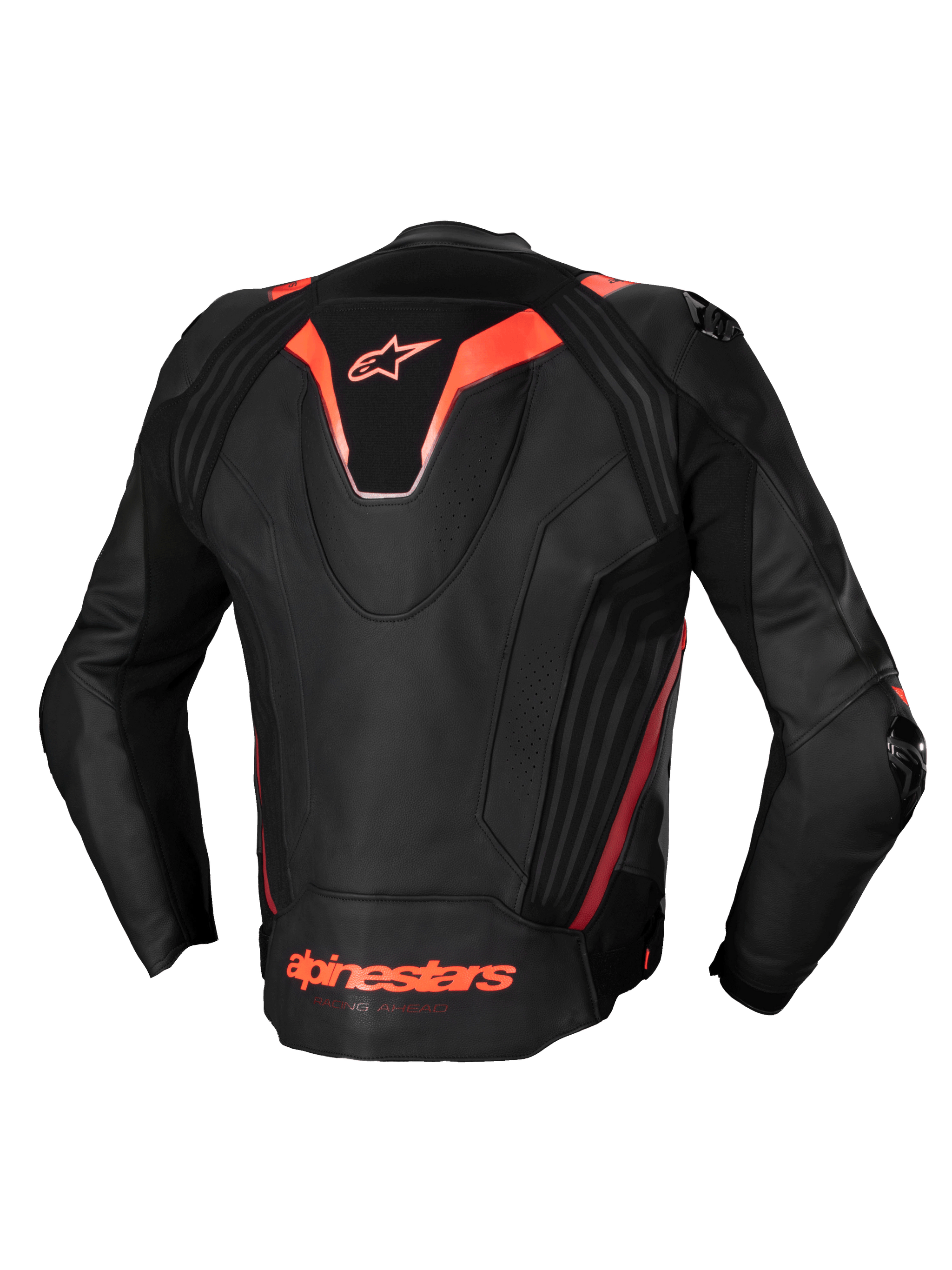 Alpinestars Missile V3 Ignition Leather Jacket, Men's Racing Motorcycle Jacket, Black and Red Fluo, CE Certified, premium bovine leather with sport aero-hump and stretch panels, rear view
