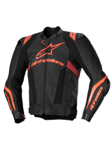 Alpinestars Missile V3 Ignition Leather Jacket, Men's Racing and Sport Motorcycle Leather Jacket, Black and Red Fluo, CE Certified