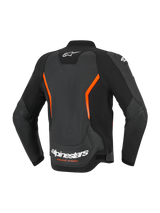 Alpinestars GP Force V2 Air Leather Jacket, Rear View, Black and Red Fluo, featuring a large perforated back panel for airflow, white Alpinestars logo and 'Racing Ahead' text on the lower back, and ergonomic pre-curved sleeves.