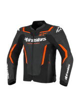 Alpinestars GP Force V2 Air Leather Jacket, Black and Red Fluo, perforated leather motorcycle jacket featuring white Alpinestars branding on the chest and sleeves, bright orange accents, and integrated shoulder protectors, front view.