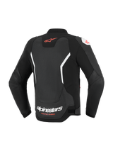 Alpinestars GP Force V2 Air Leather Jacket, Rear View, Black and White, featuring extensive perforated back panel for ventilation, red Alpinestars logo on upper back, white branding on lower back, premium bovine leather construction for sport riding