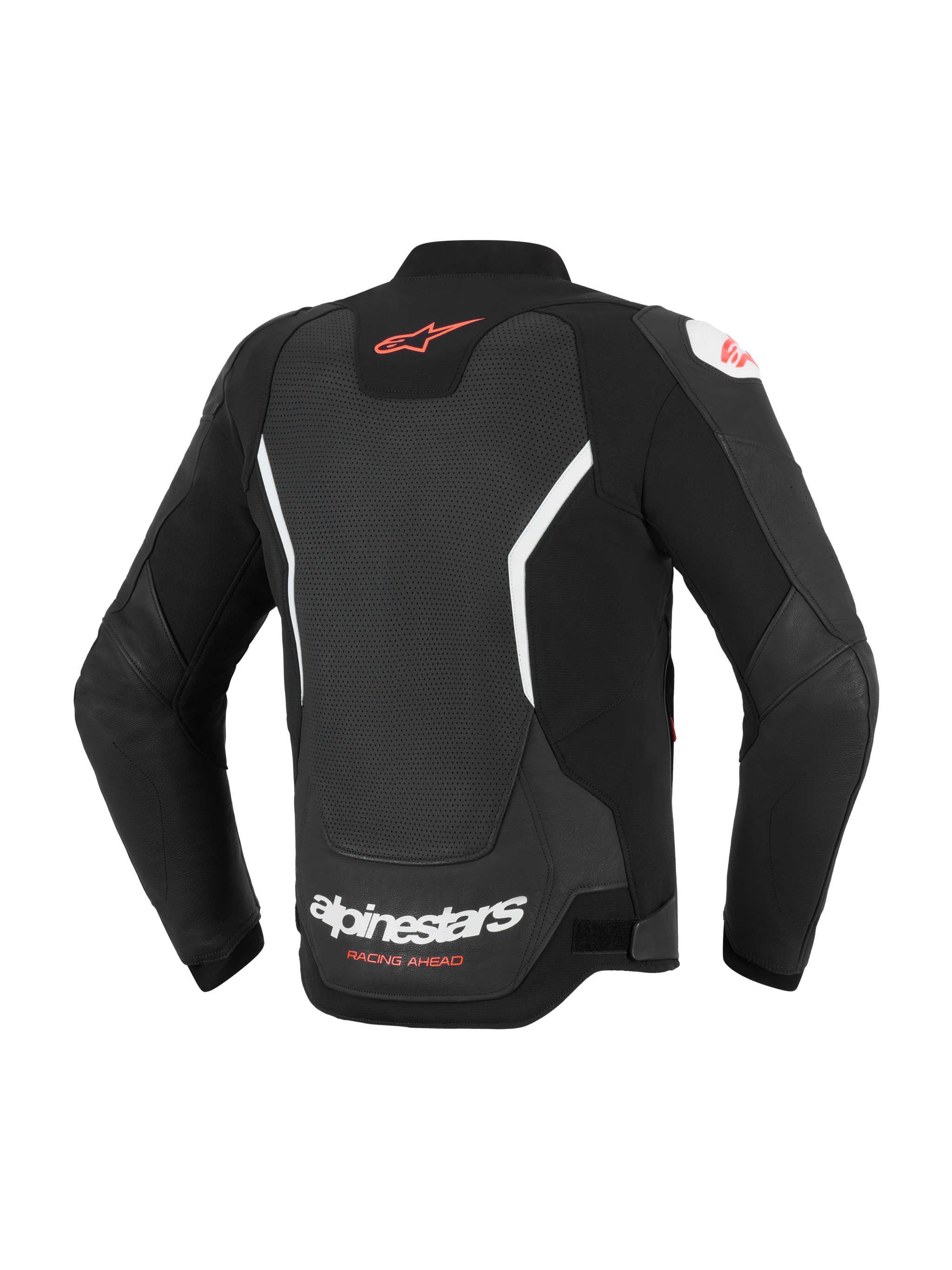 Alpinestars GP Force V2 Air Leather Jacket, Rear View, Black and White, featuring extensive perforated back panel for ventilation, red Alpinestars logo on upper back, white branding on lower back, premium bovine leather construction for sport riding