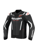 Alpinestars GP Force V2 Air Leather Jacket, Motorcycle Jacket, Black and White with red accents, featuring perforated leather panels for airflow, white Alpinestars logos and 'Racing Ahead' text, DFS shoulder sliders, athletic racing design