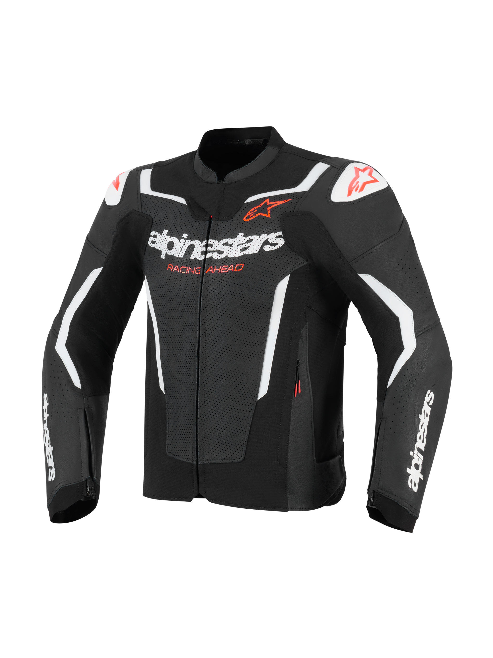 Alpinestars GP Force V2 Air Leather Jacket, Motorcycle Jacket, Black and White with red accents, featuring perforated leather panels for airflow, white Alpinestars logos and 'Racing Ahead' text, DFS shoulder sliders, athletic racing design
