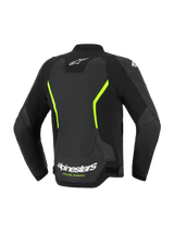 Alpinestars GP Force V2 Air Leather Jacket, Motorcycle Road Jacket, Black and Yellow Fluo, back view showcasing large perforated leather panels, white Alpinestars logos, vibrant yellow accents, and a performance sport fit