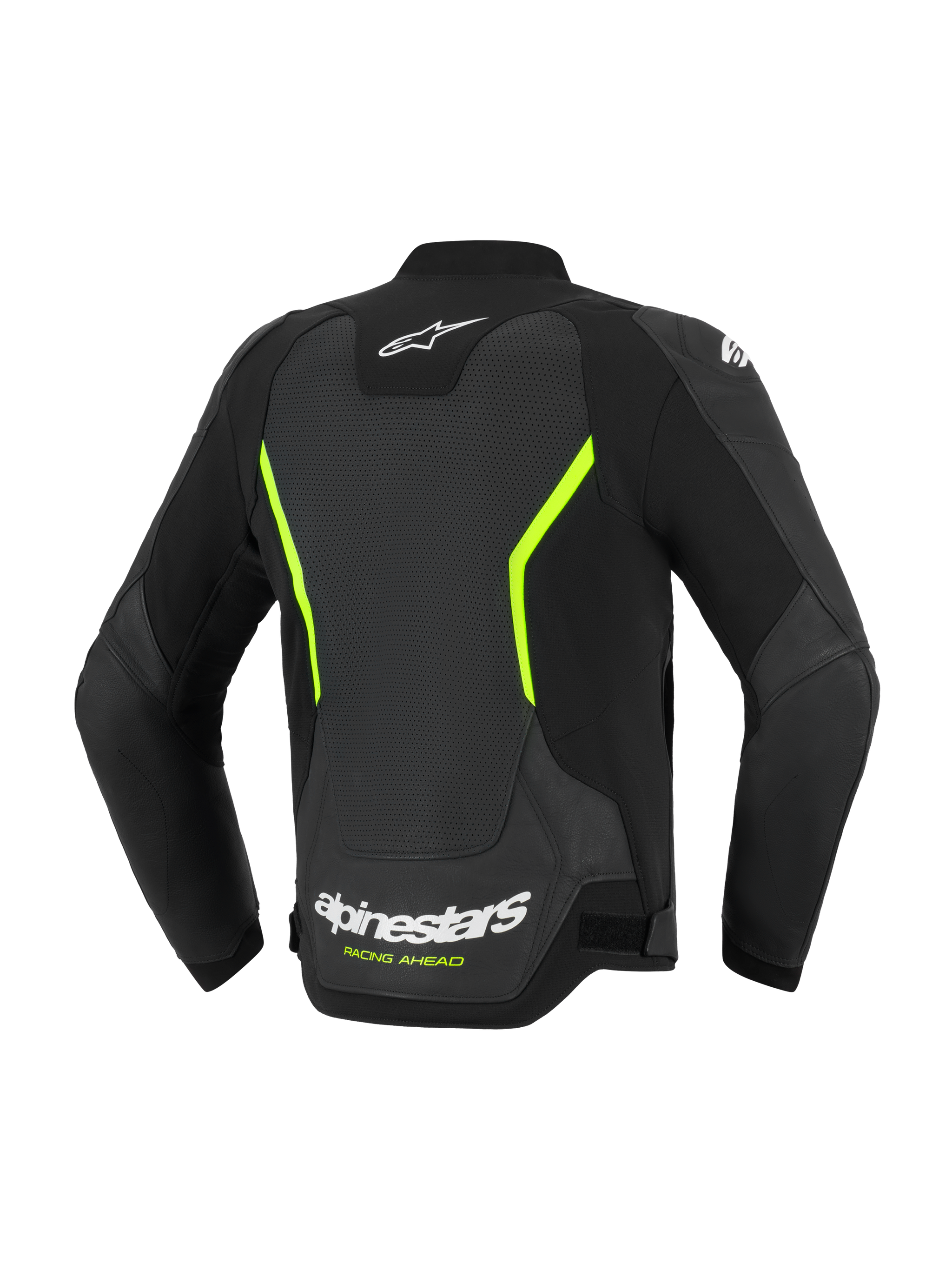 Alpinestars GP Force V2 Air Leather Jacket, Motorcycle Road Jacket, Black and Yellow Fluo, back view showcasing large perforated leather panels, white Alpinestars logos, vibrant yellow accents, and a performance sport fit