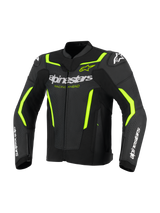 Alpinestars GP Force V2 Air Leather Jacket, Leather Motorcycle Jacket, Black and Yellow Fluo, featuring perforated leather panels for airflow, bold white Alpinestars branding on the chest and forearms, and fluorescent yellow accents on the shoulders and sleeves for a sport-oriented look.