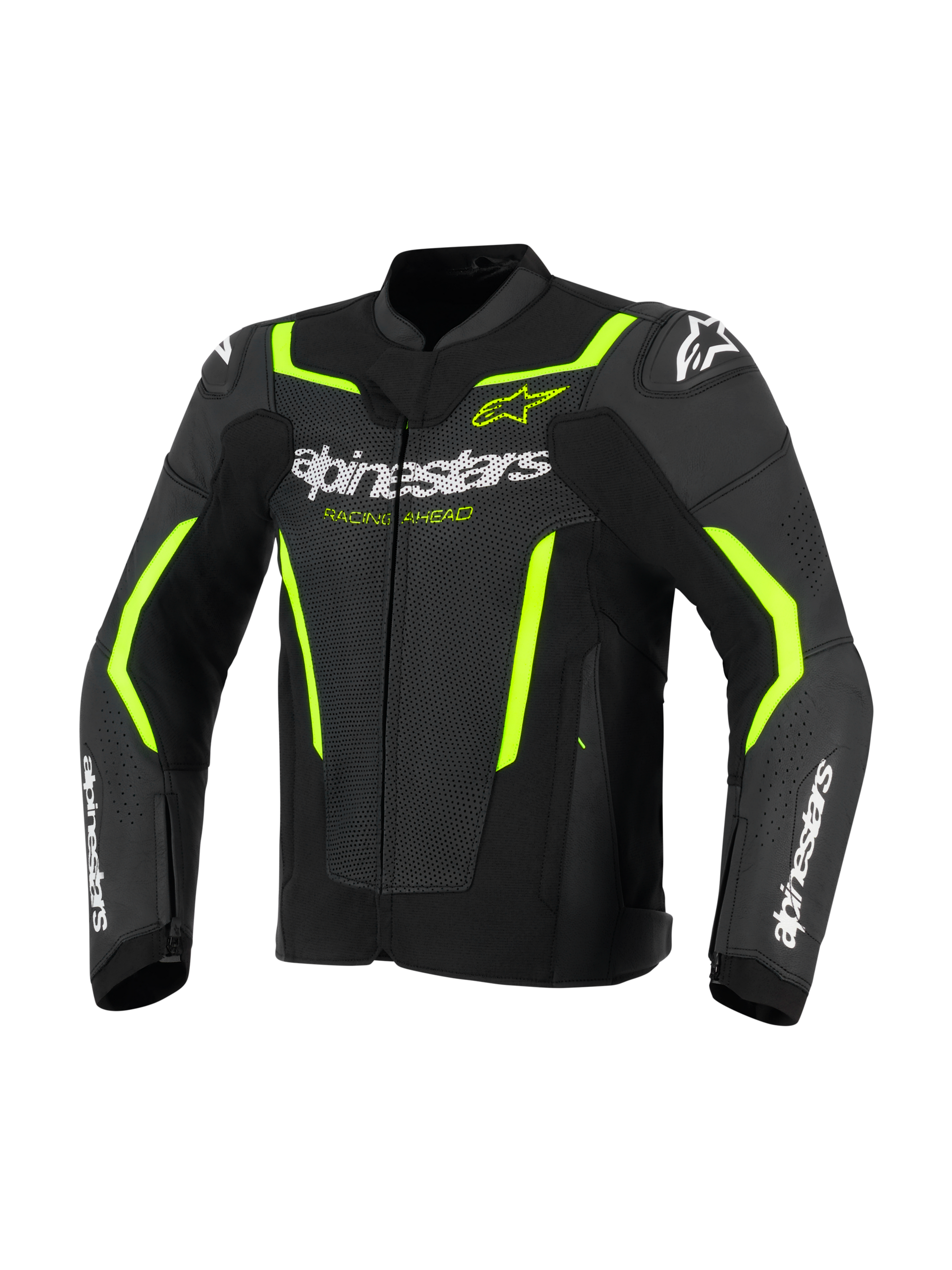 Alpinestars GP Force V2 Air Leather Jacket, Leather Motorcycle Jacket, Black and Yellow Fluo, featuring perforated leather panels for airflow, bold white Alpinestars branding on the chest and forearms, and fluorescent yellow accents on the shoulders and sleeves for a sport-oriented look.