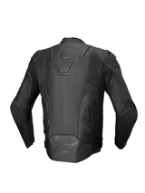 Alpinestars Dusk Leather Jacket, Black motorcycle racing jacket in premium leather with stretch accordion panels, back view.