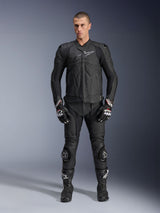 Alpinestars Dusk Leather Jacket, black bovine leather sport motorcycle jacket, worn by male model in full racing gear.