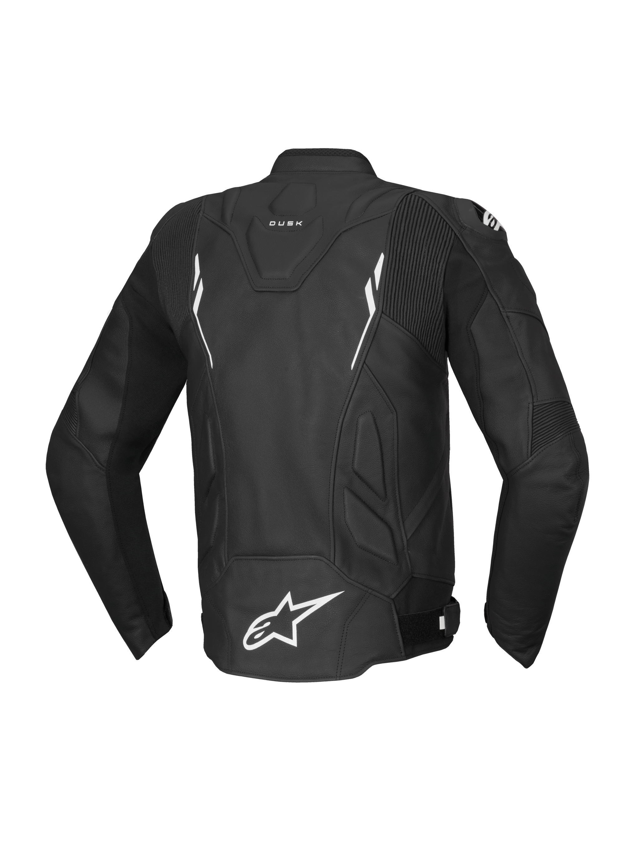Alpinestars Dusk Leather Jacket, black and white bovine leather motorcycle racing jacket for men, rear view, Tech-Air Ready.