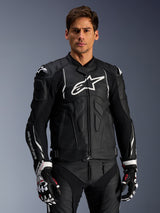 Alpinestars Dusk Leather Jacket, Black and White, Men's bovine leather motorcycle racing jacket, Tech-Air Ready.