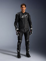 Alpinestars Dusk Leather Jacket, Black and White men's bovine leather motorcycle jacket for road racing and sport use.