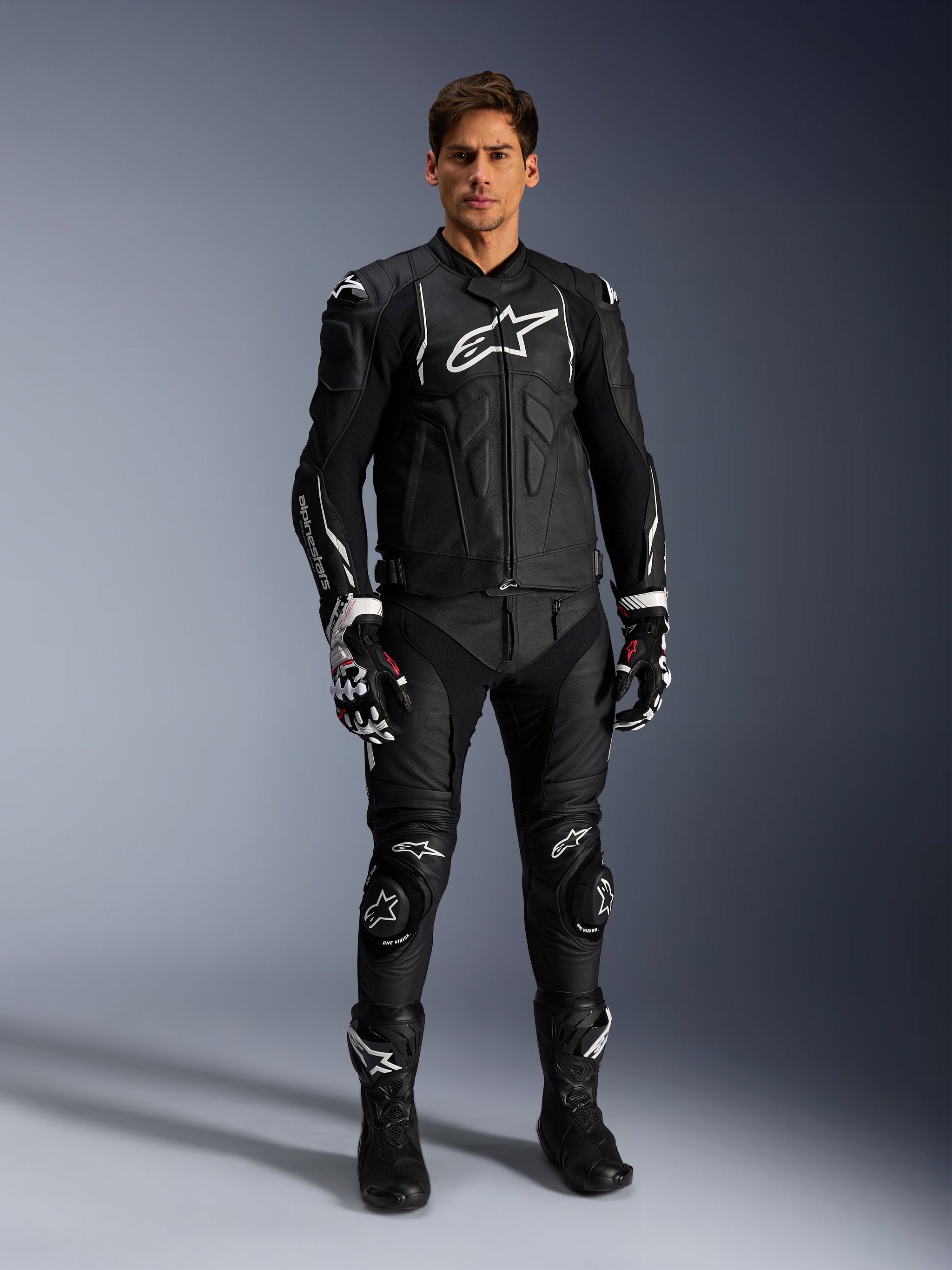 Alpinestars Dusk Leather Jacket, Black and White men's bovine leather motorcycle jacket for road racing and sport use.