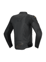 Alpinestars Dusk Leather Jacket, black men's sport road jacket, bovine leather, rear view with stretch accordion panels.