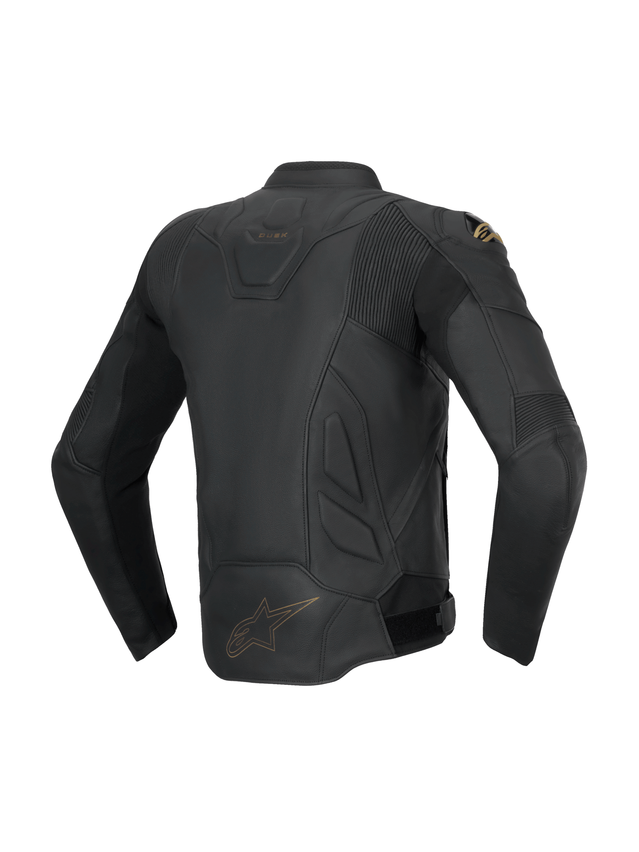 Alpinestars Dusk Leather Jacket, black men's sport road jacket, bovine leather, rear view with stretch accordion panels.