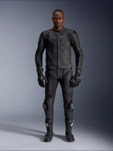 Alpinestars Dusk Airflow Leather Jacket, Black, worn with matching motorcycle pants, gloves, and boots, featuring perforated leather for maximum airflow, ergonomic multi-panel design, and internal armor, professional road and sport riding gear