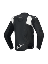 Alpinestars Dusk Airflow Leather Jacket, men's perforated sport motorcycle jacket, rear view, black and white, bovine leather construction with CE certification and Tech-Air ready design