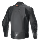 Alpinestars GP Plus R V4 Airflow Leather Jacket, men's sport motorcycle jacket, back view in Black, CE certified with race-grade leather and stretch panels
