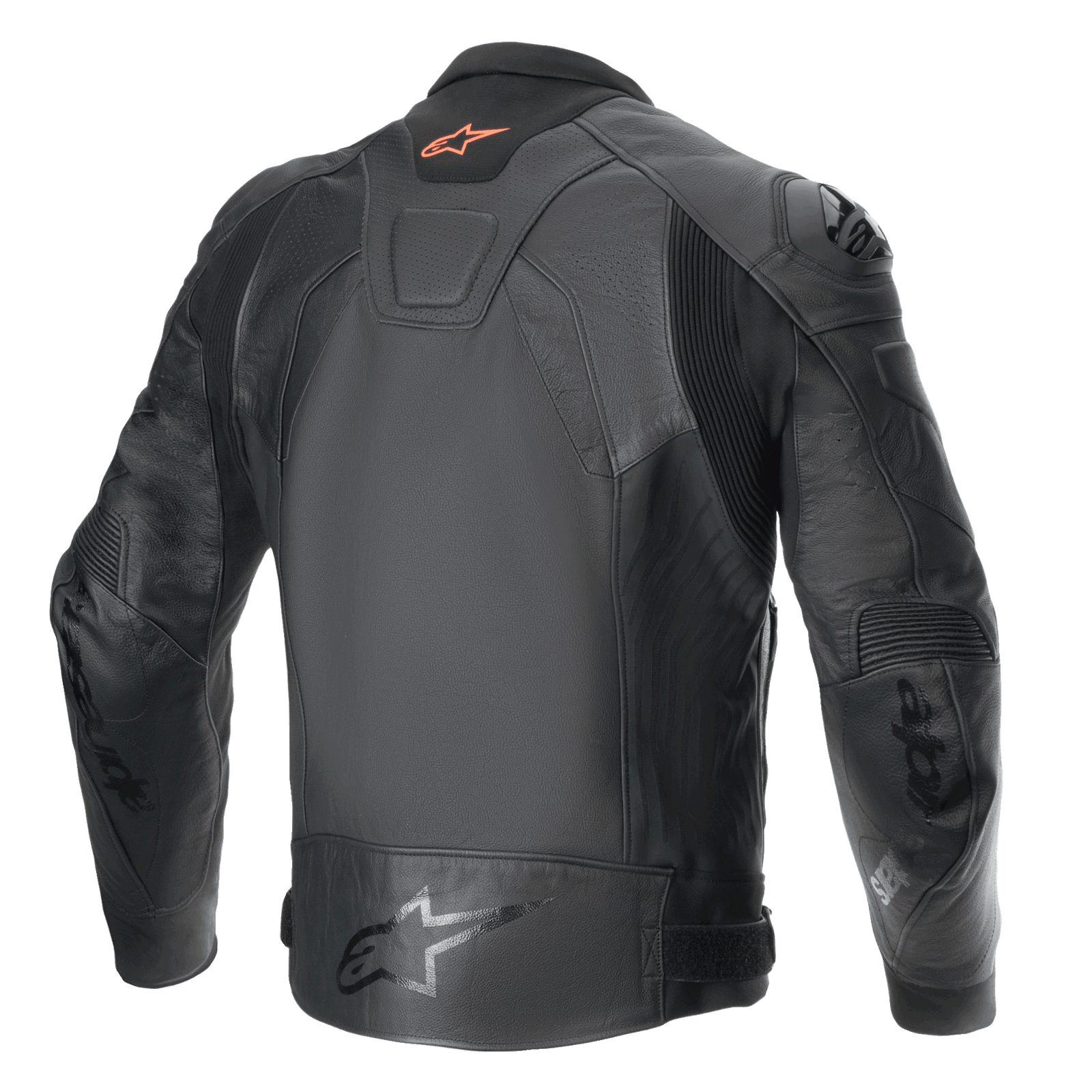 Alpinestars GP Plus R V4 Airflow Leather Jacket, men's sport motorcycle jacket, back view in Black, CE certified with race-grade leather and stretch panels