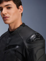 Alpinestars GP Plus R V4 Airflow Leather Jacket, Black Black, close-up on a model featuring the dual-density DFS shoulder protector and perforated leather, professional sport riding gear