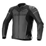 Alpinestars GP Force Airflow Leather Jacket, Motorcycle Racing Jacket, Black and Dark Gray, Perforated Panels for Ventilation, external DFS Lite shoulder sliders, bold branding on chest and sleeves, premium leather construction with adjustable waist straps