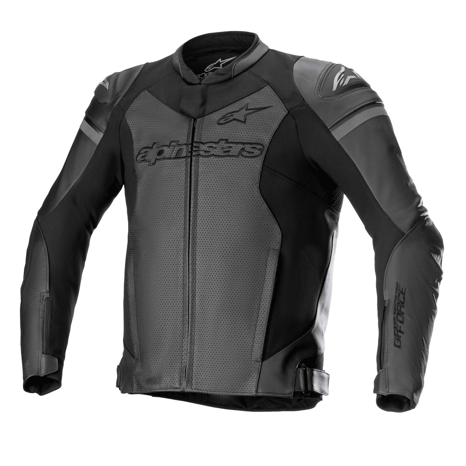 Alpinestars GP Force Airflow Leather Jacket, Motorcycle Racing Jacket, Black and Dark Gray, Perforated Panels for Ventilation, external DFS Lite shoulder sliders, bold branding on chest and sleeves, premium leather construction with adjustable waist straps