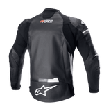 Alpinestars GP Force Leather Jacket, Black, Rear view featuring white Alpinestars logo on the lower back and GP Force branding on the upper back, accordion stretch panels and durable bovine leather construction for road racing