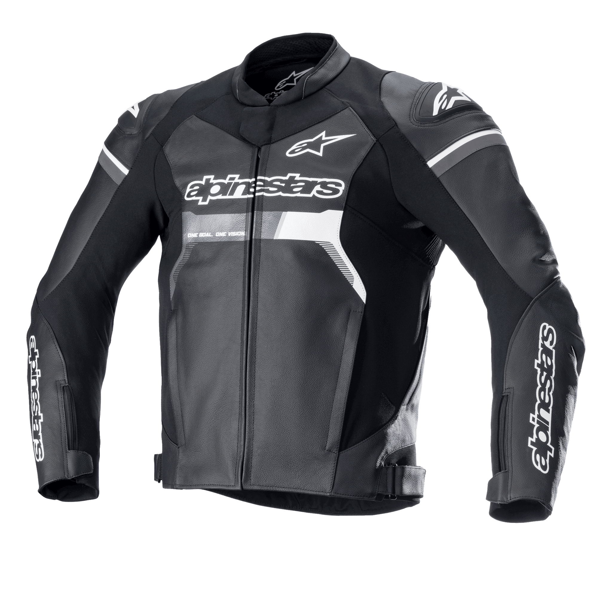 Alpinestars GP Force Leather Jacket, Black with white and grey accents, Motorcycle Racing Jacket, Premium bovine leather construction, bold Alpinestars branding on chest and sleeves, DFS Lite shoulder sliders, ergonomic sport fit for road riding.