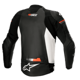 Alpinestars GP Force Leather Jacket, Motorcycle Leather Jacket, Black White and Red Fluo, rear view featuring white side panels and fluorescent red accents, GP Force and Alpinestars logo branding, sporty leather design with accordion stretch panels