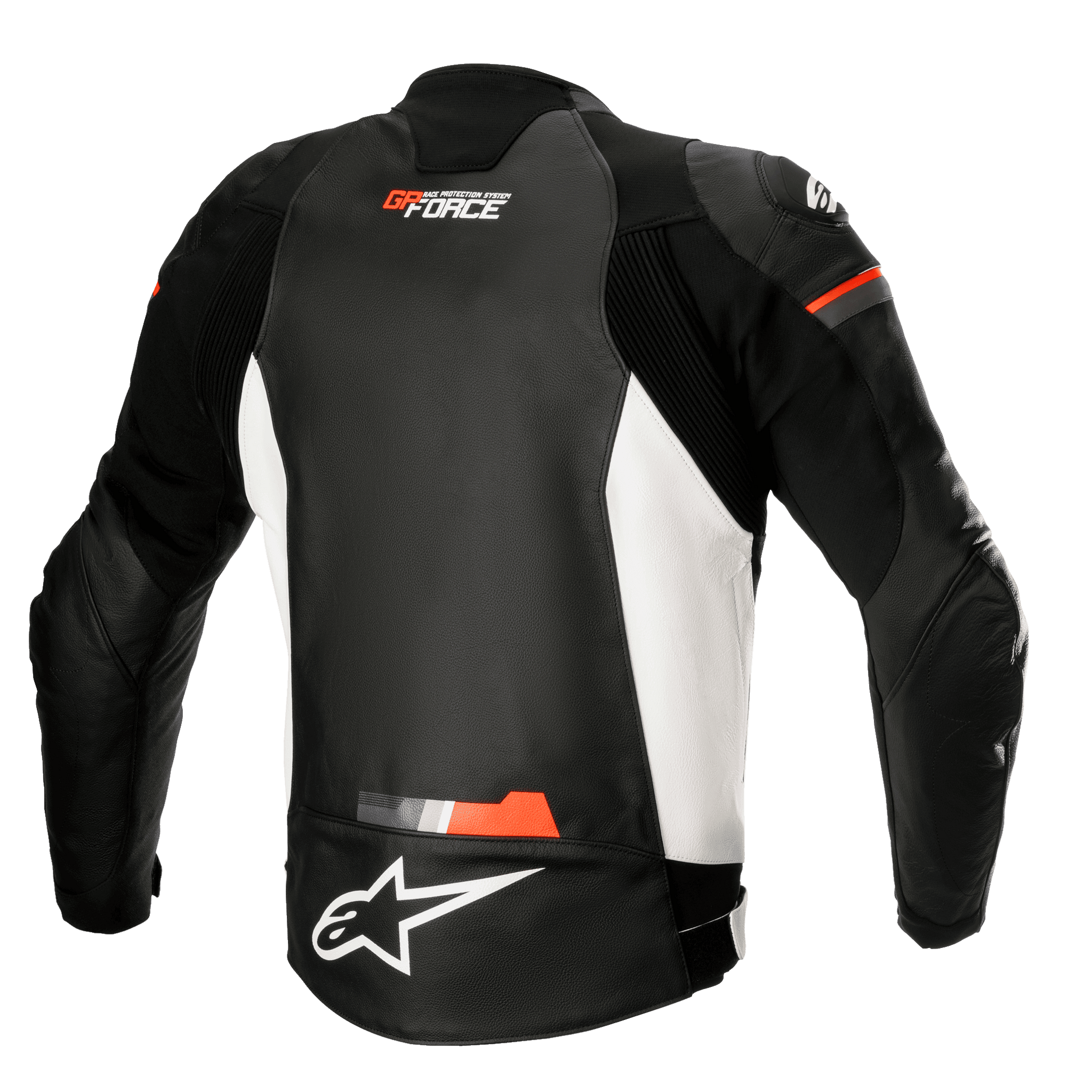 Alpinestars GP Force Leather Jacket, Motorcycle Leather Jacket, Black White and Red Fluo, rear view featuring white side panels and fluorescent red accents, GP Force and Alpinestars logo branding, sporty leather design with accordion stretch panels