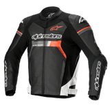Alpinestars GP Force Leather Jacket, Motorcycle Racing Jacket, Black with White and Red Fluo accents, featuring prominent Alpinestars branding on the chest and sleeves, premium bovine leather construction with DFS Lite shoulder protectors, sleek aerodynamic silhouette