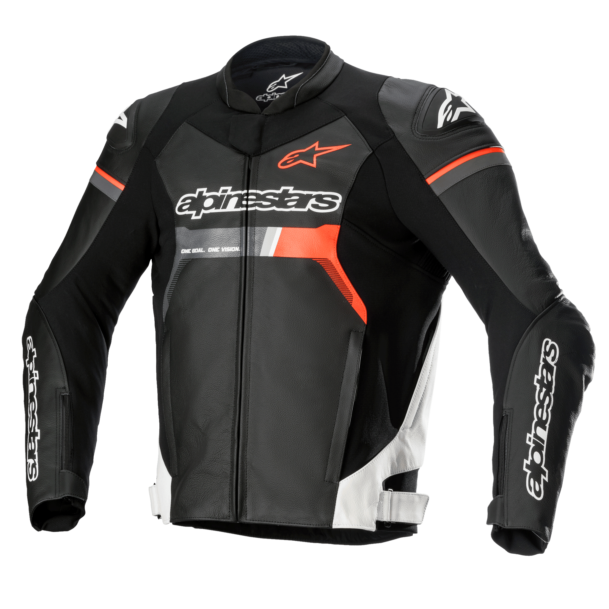 Alpinestars GP Force Leather Jacket, Motorcycle Racing Jacket, Black with White and Red Fluo accents, featuring prominent Alpinestars branding on the chest and sleeves, premium bovine leather construction with DFS Lite shoulder protectors, sleek aerodynamic silhouette