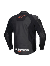 Alpinestars Faster V3 Leather Jacket, men's sport motorcycle jacket, back view in Black and Red Fluo, featuring premium leather and HRSF stretch panels, CE-certified AA class with aerodynamic elongation