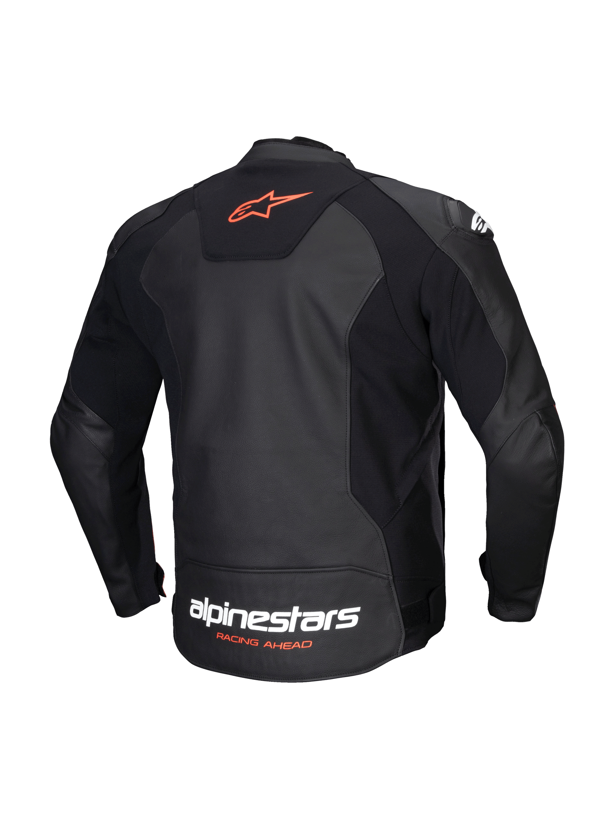 Alpinestars Faster V3 Leather Jacket, men's sport motorcycle jacket, back view in Black and Red Fluo, featuring premium leather and HRSF stretch panels, CE-certified AA class with aerodynamic elongation