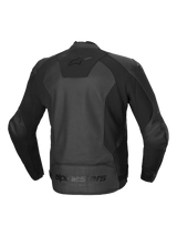 Alpinestars Faster V3 Leather Jacket, men's sport riding jacket, back view in Black, CE certified AA class with advanced HRSF stretch panels and ergonomic design