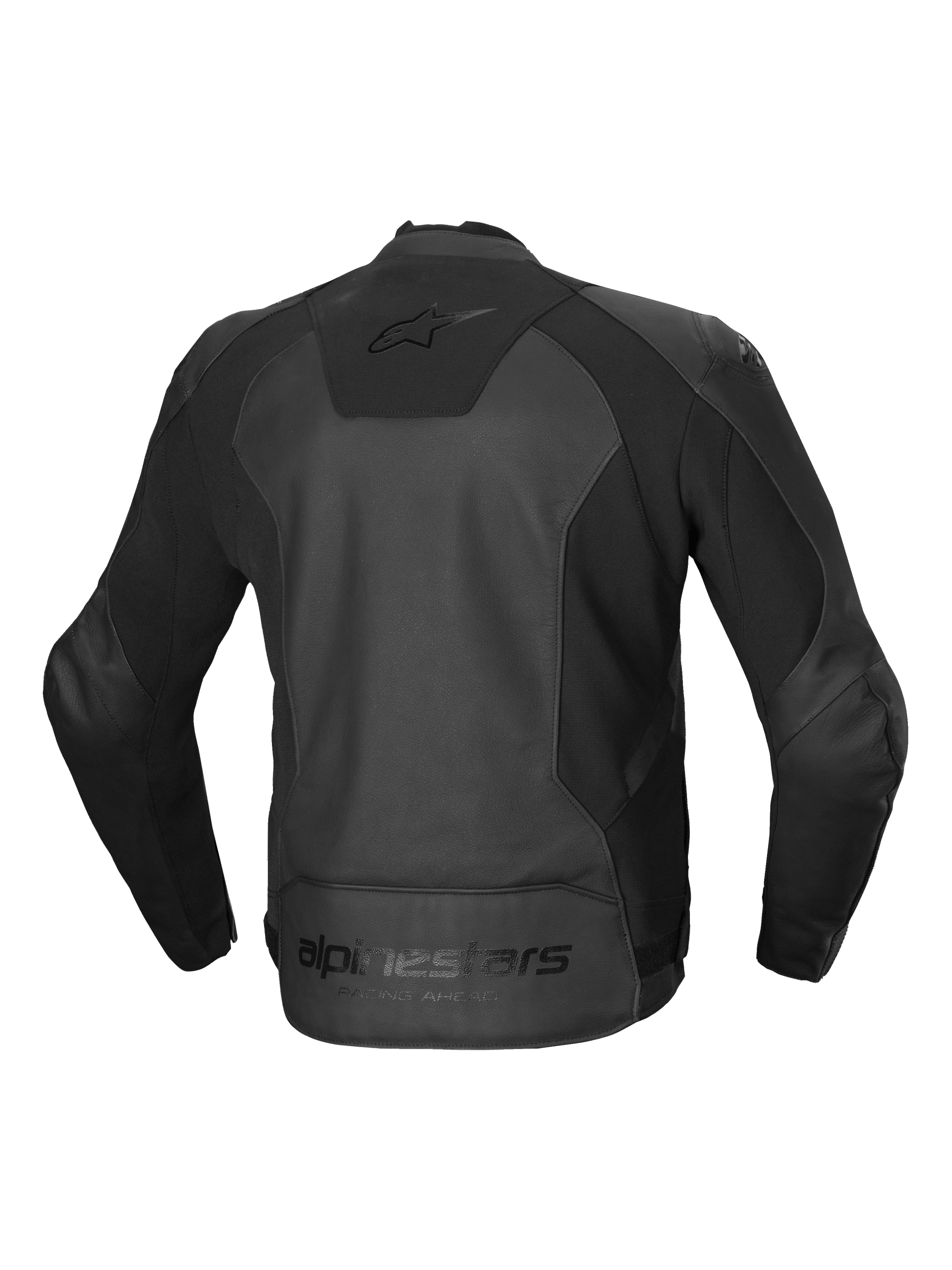 Alpinestars Faster V3 Leather Jacket, men's sport riding jacket, back view in Black, CE certified AA class with advanced HRSF stretch panels and ergonomic design