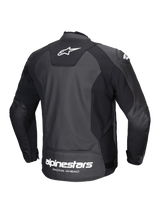 Alpinestars Faster V3 Leather Jacket, men's sport riding motorcycle jacket, rear view, black and white, featuring durable leather and advanced stretch panels with branding on the back
