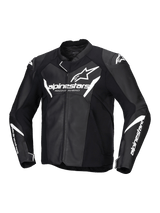 Alpinestars Faster V3 Leather Jacket, men's sport motorcycle riding jacket in Black and White, CE certified AA with leather construction and HRSF stretch panels