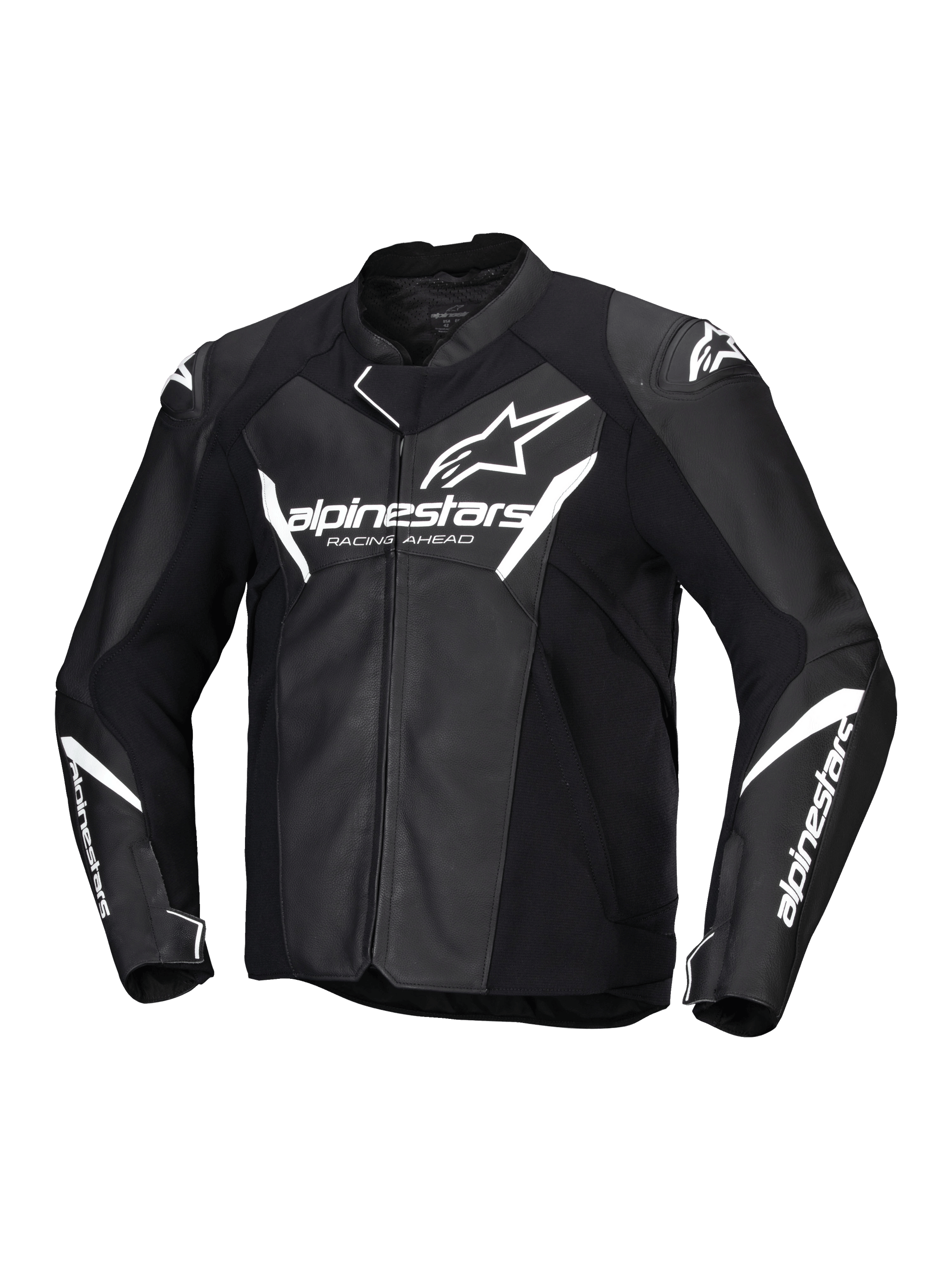 Alpinestars Faster V3 Leather Jacket, men's sport motorcycle riding jacket in Black and White, CE certified AA with leather construction and HRSF stretch panels