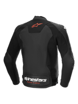 Alpinestars Faster V3 Airflow Leather Jacket, back view of the black and red sport motorcycle jacket with perforated leather and stretch panels