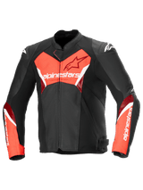 Alpinestars Faster V3 Airflow Leather Jacket, Men's Sport Motorcycle Jacket, Black and Red Fluo, perforated premium leather construction, CE Certified Class A